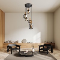 5er Pendelleuchte "FUMO", Pendellampe aus Metall und Glas in Schwarz,, mit E14-Fassung, für Esszimmer, Wohnzimmer, Diele oder Büro, Hängelampe Ø ca. 55 cm