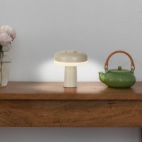Cordless table light "Pilu", 16.5 cm high, above Ø of 15 cm, metal in the color frost allmond, white plastic, integrated LEDs, 280 lumens, dimmable by touch sensor, warm white