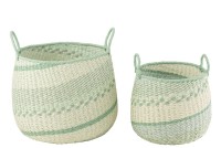 J-Line set of 2 baskets + handle - seagrass - beige/green