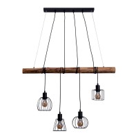 4 pendant lamp "Woodland", hanging lamp, metal and wood in black, and natural E27 socket, for dining room, living room, hallway or office, 100 cm long