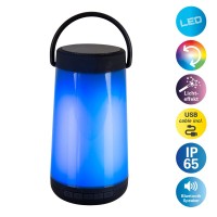 LED table light with BT speaker "Festa" for outdoor area made of black plastic with integrated LEDs, 18 cm high
