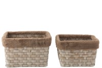 J-Line set of 2 m and rectangular - faux fur/rattan - brown