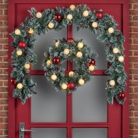 Kaprun Kerstkrans met Warm Witte LED Verlichting - Ø45 cm - Groen Frosted, Rood