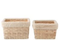 J-Line set of 2 rectangular baskets - faux fur/rattan - natural/white