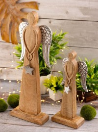 Decorative angel figure set of 2 12/16x32/47cm Christmas decoration stand mango wood aluminum