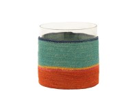 J-Line candle holder round + stripes - glass - blue/orange