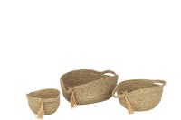 J-Line Set of 3 Round Basket with Handle + Brush Grass Natural