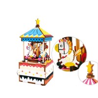 Music Box Wood DIY 3D Puzzle Merry-Go-Round, Robotime, AM304, 7.3x8x17 cm