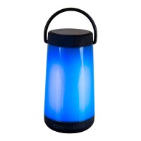 LED table light with BT speaker "Festa" for outdoor area made of black plastic with integrated LEDs, 18 cm high