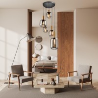 5er Pendelleuchte "FUMO", Pendellampe aus Metall und Glas in Schwarz,, mit E14-Fassung, für Esszimmer, Wohnzimmer, Diele oder Büro, Hängelampe Ø ca. 55 cm