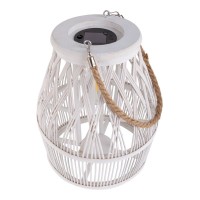 LED Solar-Dekoleuchte "Korbinian" für Garten und Terrasse aus Holz und Rattan in natur, Solar Lampe 34 cm hoch