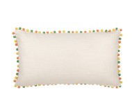 J-Line cushion Rectangle Flowers + Pompoms - cotton - white/orange